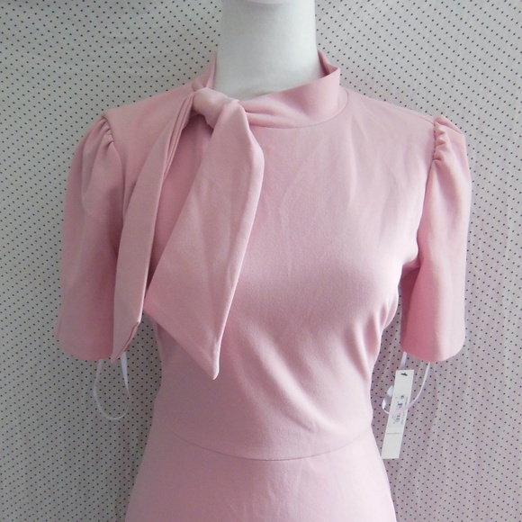 NEW MAGGY LONDON Shell PINK Short Sleeve NECKTIE Fit & Flare MIDI DRESS 2 (fit 4 - Picture 3 of 8